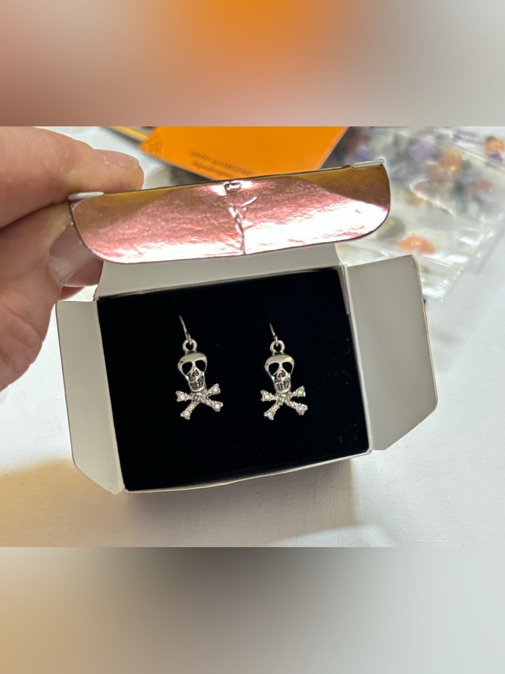 Vintage Avon Skeleton Skull Crossbones Rhinestone Dangle Earrings NWT